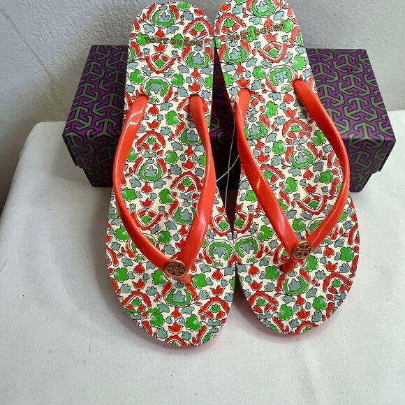 New Tory Burch Poppy Red/ Legacy Paisley Thin Flip Flops Size 8 - Picture 1 of 8